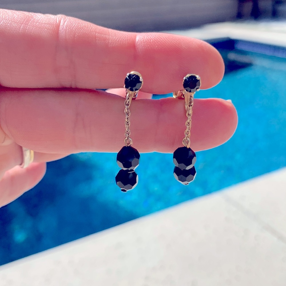 Black faceted bead dangle chain earrings clip on